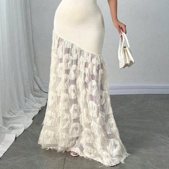 Apricot Elegant Women's Twist Shoulder Slim Fit Bodycon Fish Tail Jacquard Dress - Picture 7 of 8